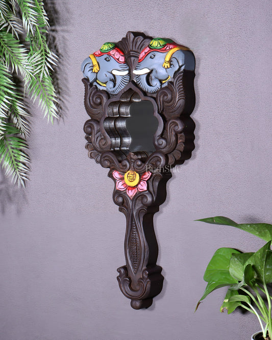 Wooden Twin Elephant Wall Hanging Mirror with Lotus Motif – Handcrafted - Budhshiv.com