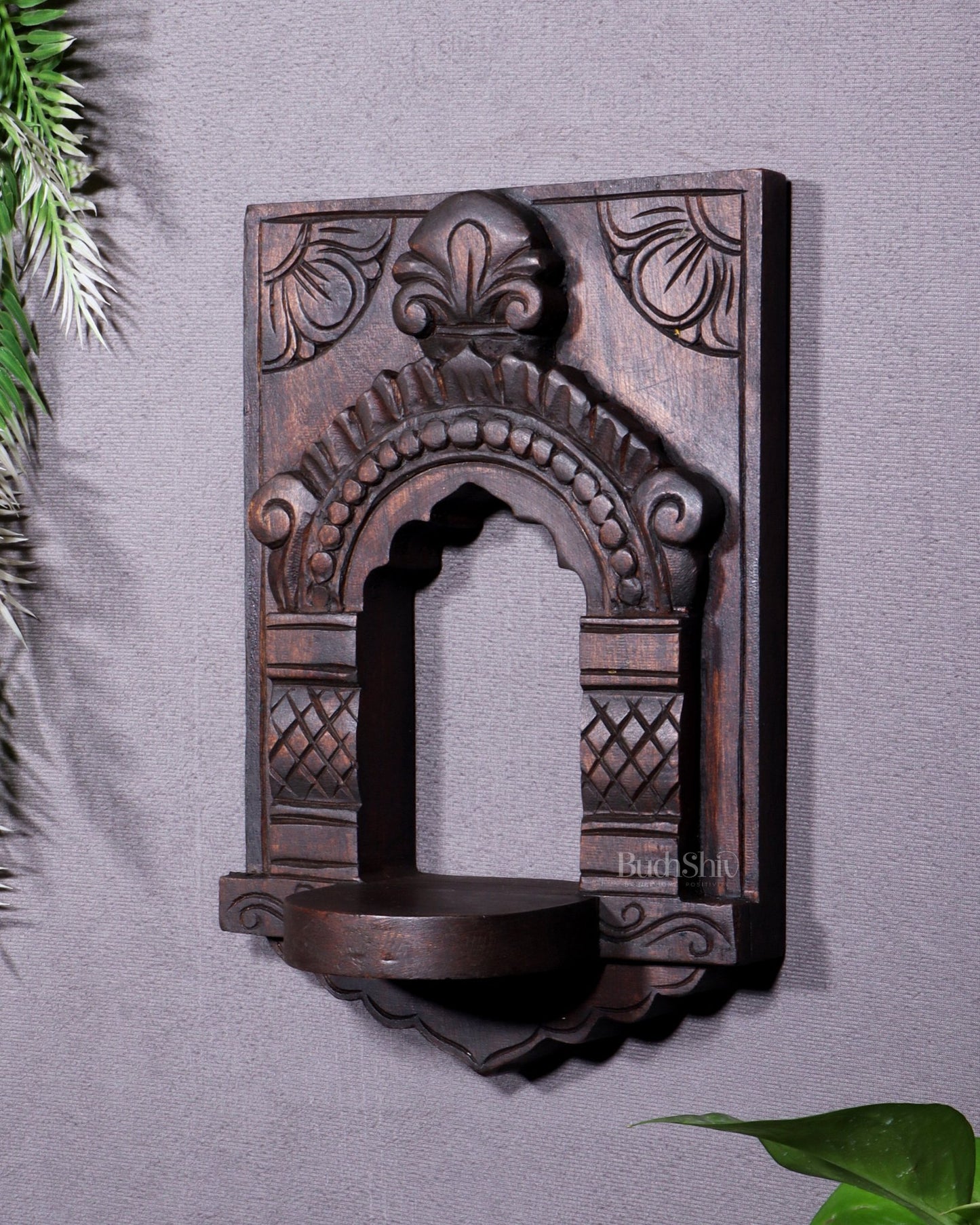 Wooden Wall Hanging Jharokha Arch – Handcrafted Decorative Shelf (Natural tone) - Budhshiv.com