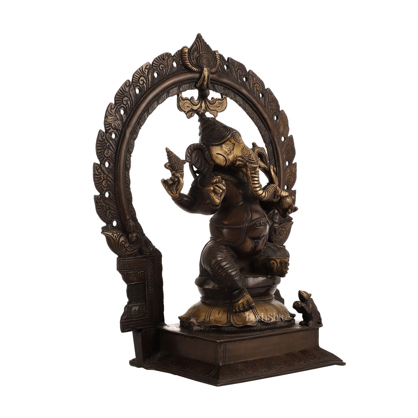 18-Inch Brass Ganapati Idol with Antique Brown Finish and Frame - Budhshiv.com