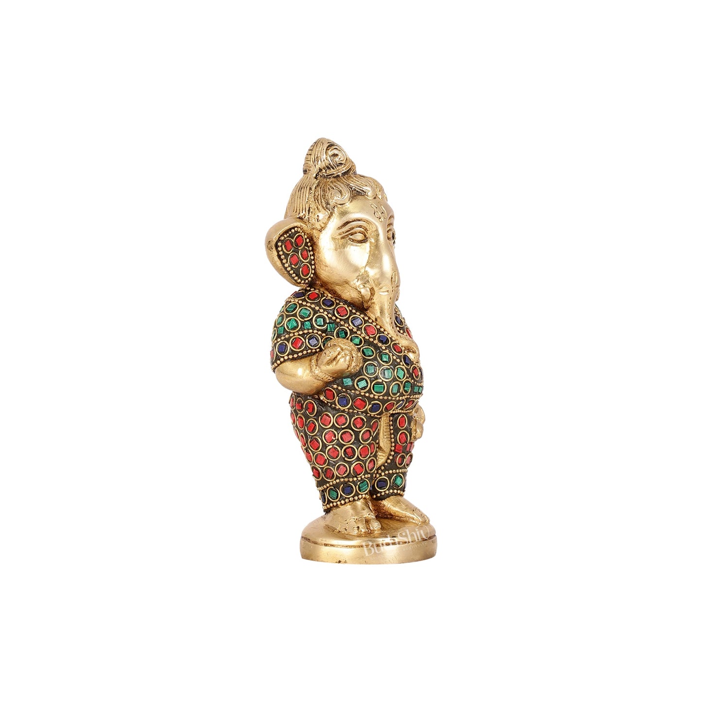 Adorable Brass Baby Ganesha Statue with Modak and Stonework | 7" Height - Budhshiv.com