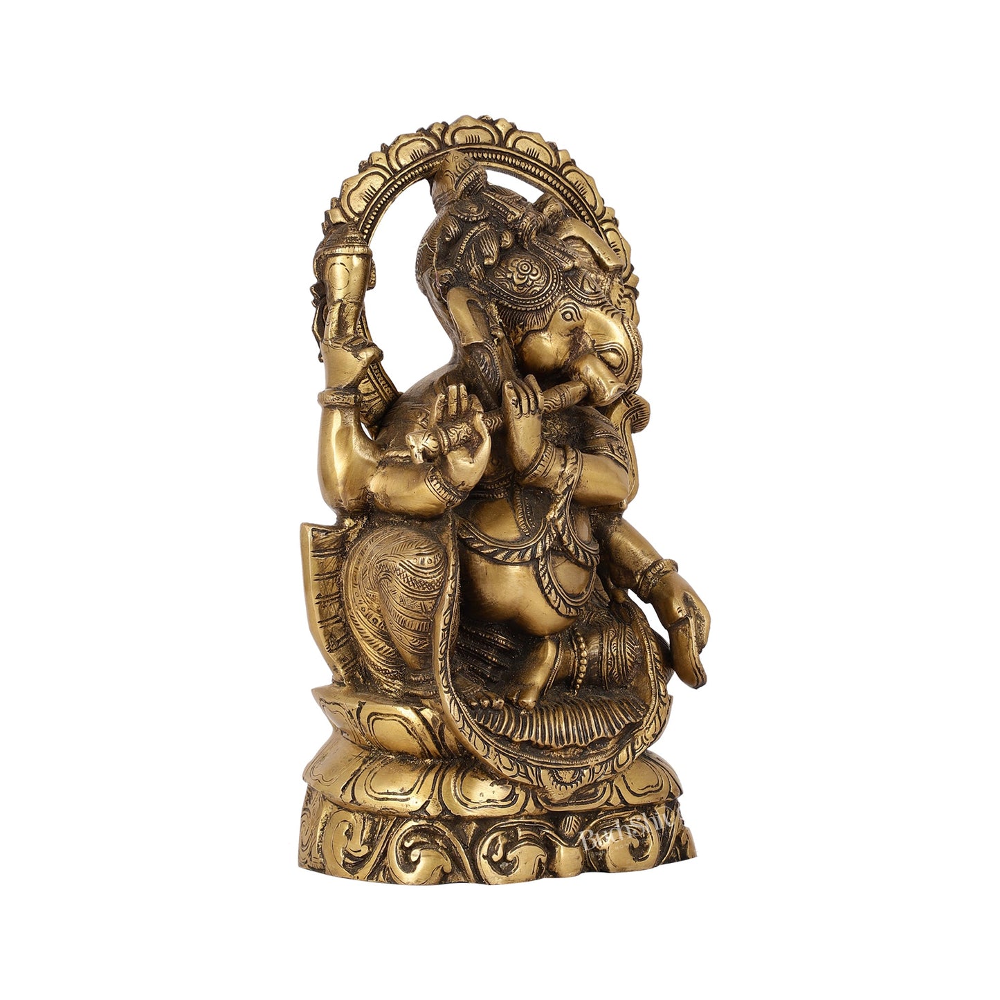 Antique Finish Brass Unique Ganesha Statue Playing Flute | 13" Height - Budhshiv.com