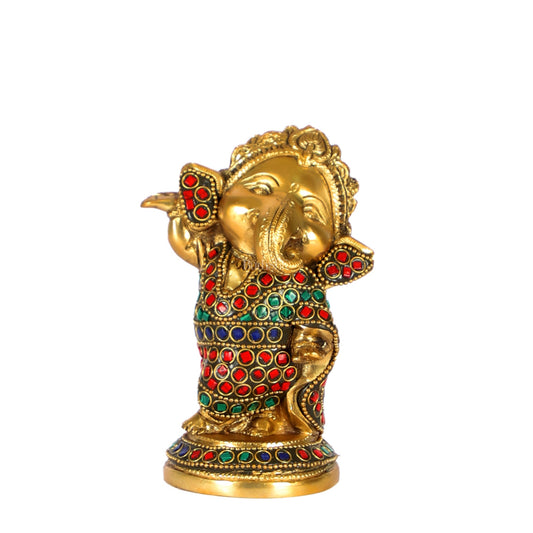 Baby Ganesha Dancing Brass Idol 5" Stonework and brass rings - Budhshiv.com