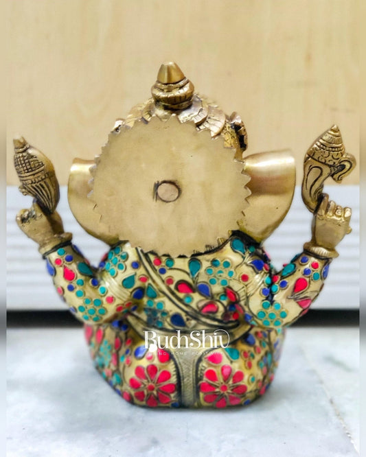 Beautiful Taj Ganesha Statue Handcrafted in Fine Brass with Stonework 9 inches - Budhshiv.com