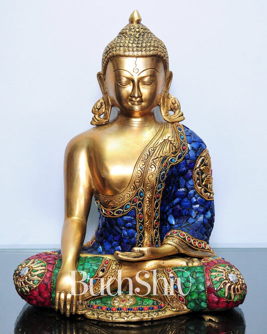 Bhumisparsa Mudra: Buddha Brass Idol with Gemstone Cutwork 12 inch - Budhshiv.com