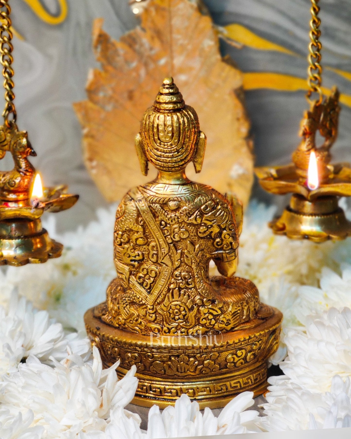 Blessing Buddha Statue: Fine Brass and Perfection Carved 7 inch - Budhshiv.com