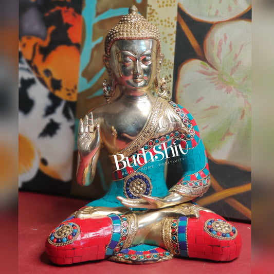 Blessings of Buddha: Tibetan Idol in Superfine Brass with Meenakari Stonework 12 inch - Budhshiv.com