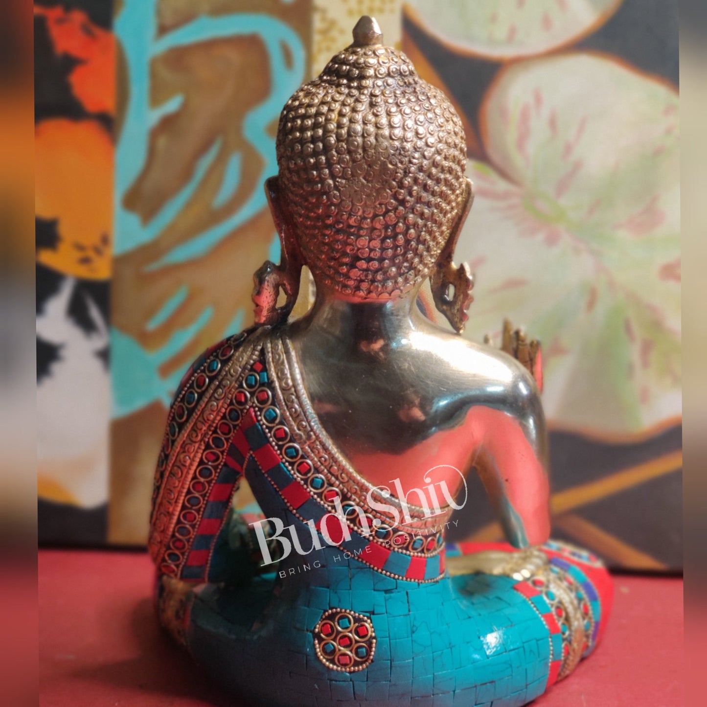 Blessings of Buddha: Tibetan Idol in Superfine Brass with Meenakari Stonework 12 inch - Budhshiv.com