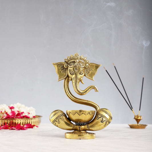 Brass Abstract Ganesha with Engraved Design Diya superfine - Budhshiv.com