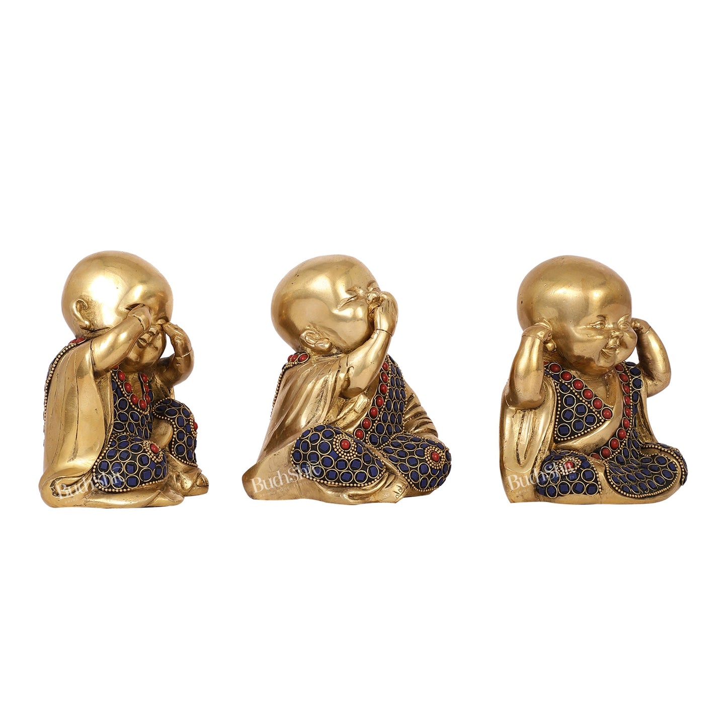 Brass Baby Laughing Buddha Monks 5 inch set of 3 - Budhshiv.com