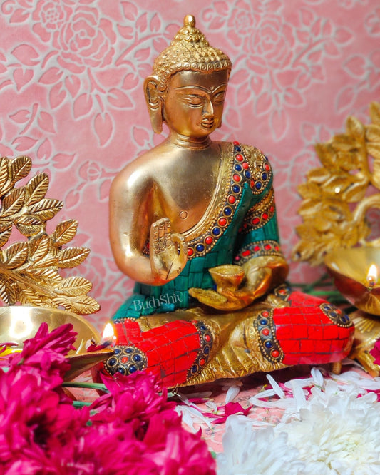 Brass Blessing buddha with stonework 8" - Budhshiv.com