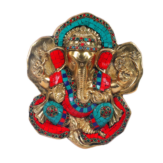Brass Blessing Ganesha Wall Hanging Stonework 9" - Budhshiv.com