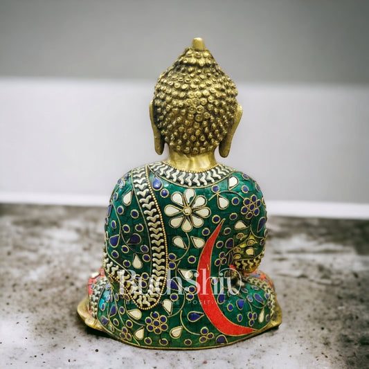 Brass Buddha Statue in Bhoomisparsha Mudra | Natural Stones | 10" - Budhshiv.com