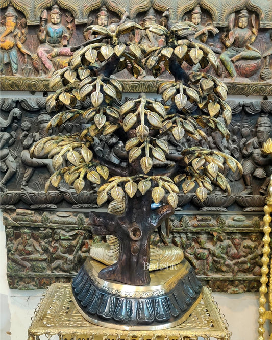 Brass Buddha Statue Under Tree - 32 inch - Budhshiv.com