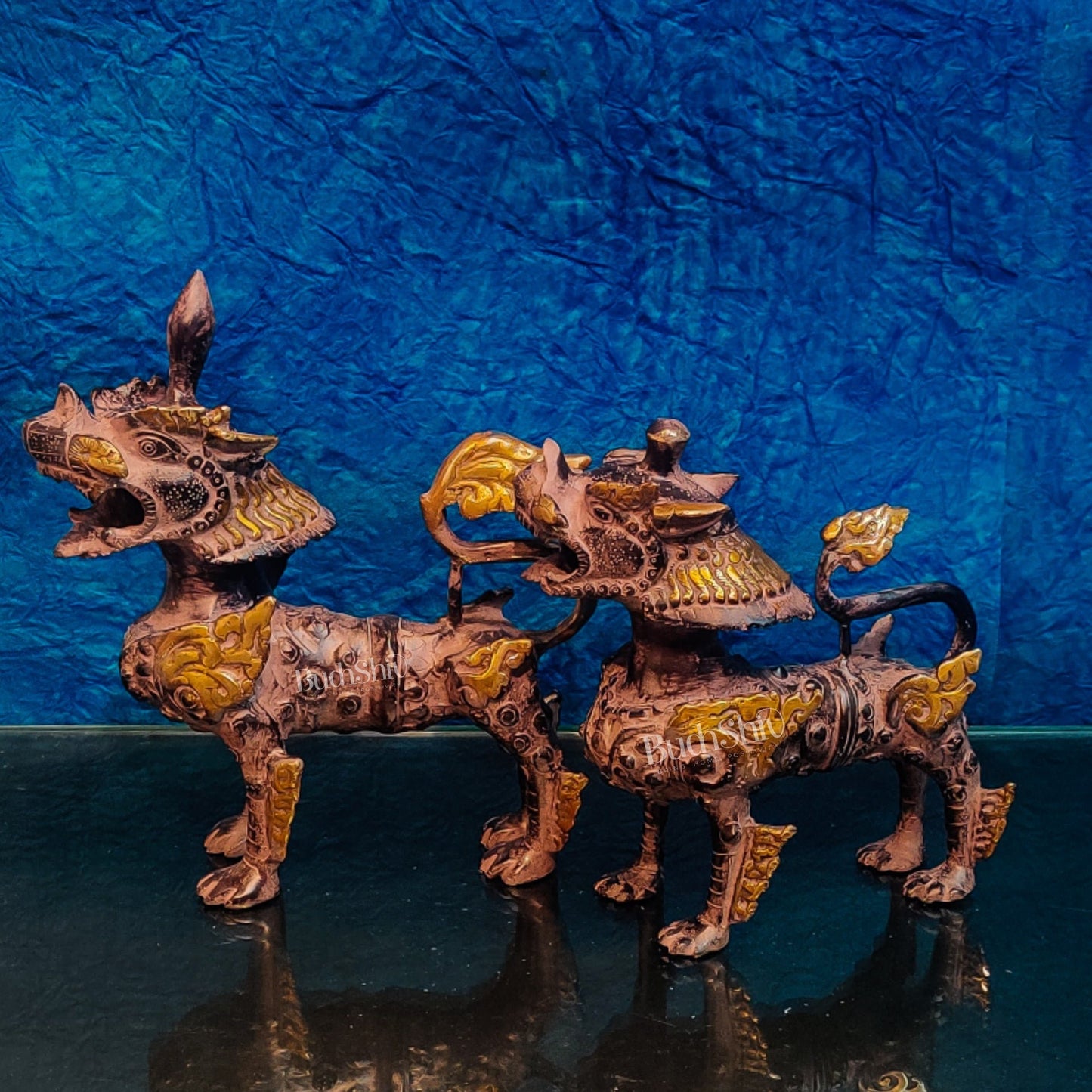 Brass Buddhist Tibetan temple snow lion 11" Pair - Budhshiv.com