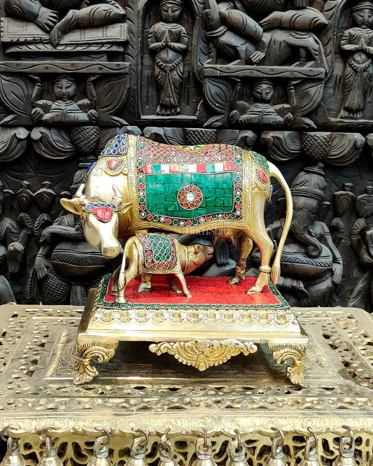Brass Cow and Calf Statue with Stonework | 10 inch - Budhshiv.com