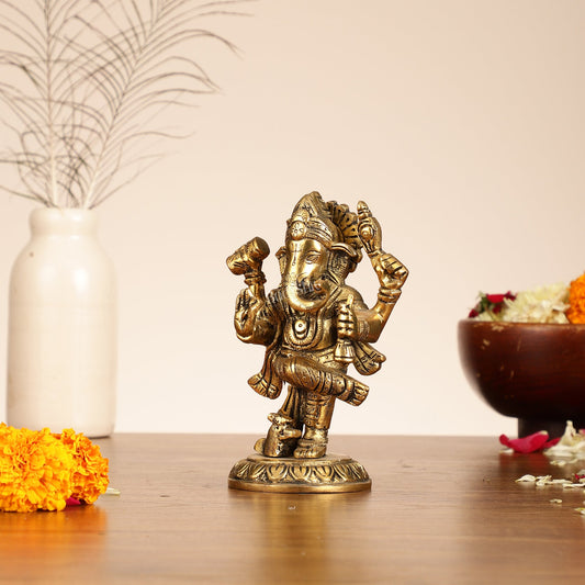 Brass Dancing Ganesha Idol | 6" Height | Artistic Elegance - Budhshiv.com