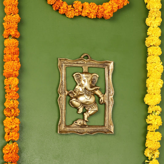 Brass Dancing Ganesha Wall Hanging - 8 x 6 inch - Budhshiv.com