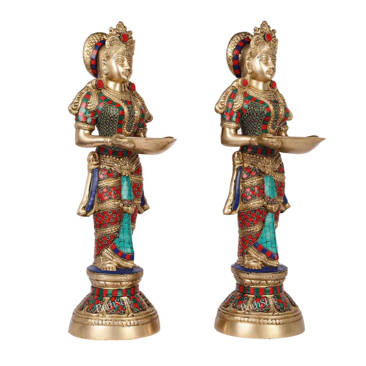 Brass Deep Lakshmi Pavaai Villaku with Stonework - 2 feet 23 inches | Traditional Shine Gold - Budhshiv.com