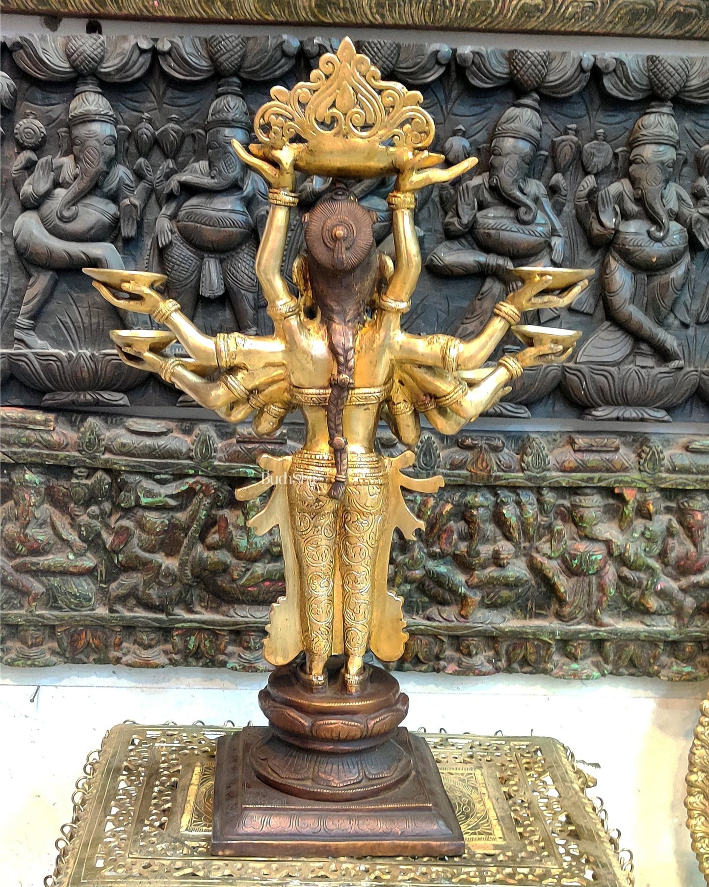Brass Deep Lakshmi with Ten Hands - 27 inches, Dual Tone Brown and Gold | Traditional Hindu Goddess Statue - Budhshiv.com