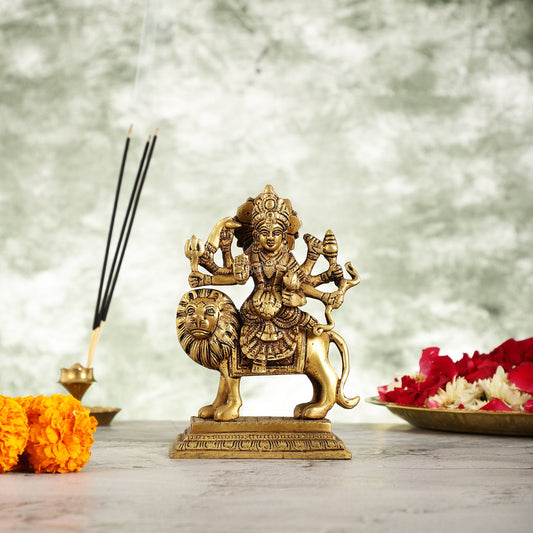 Brass Durga Ma Sherawali Idol - 7 Inch - Budhshiv.com