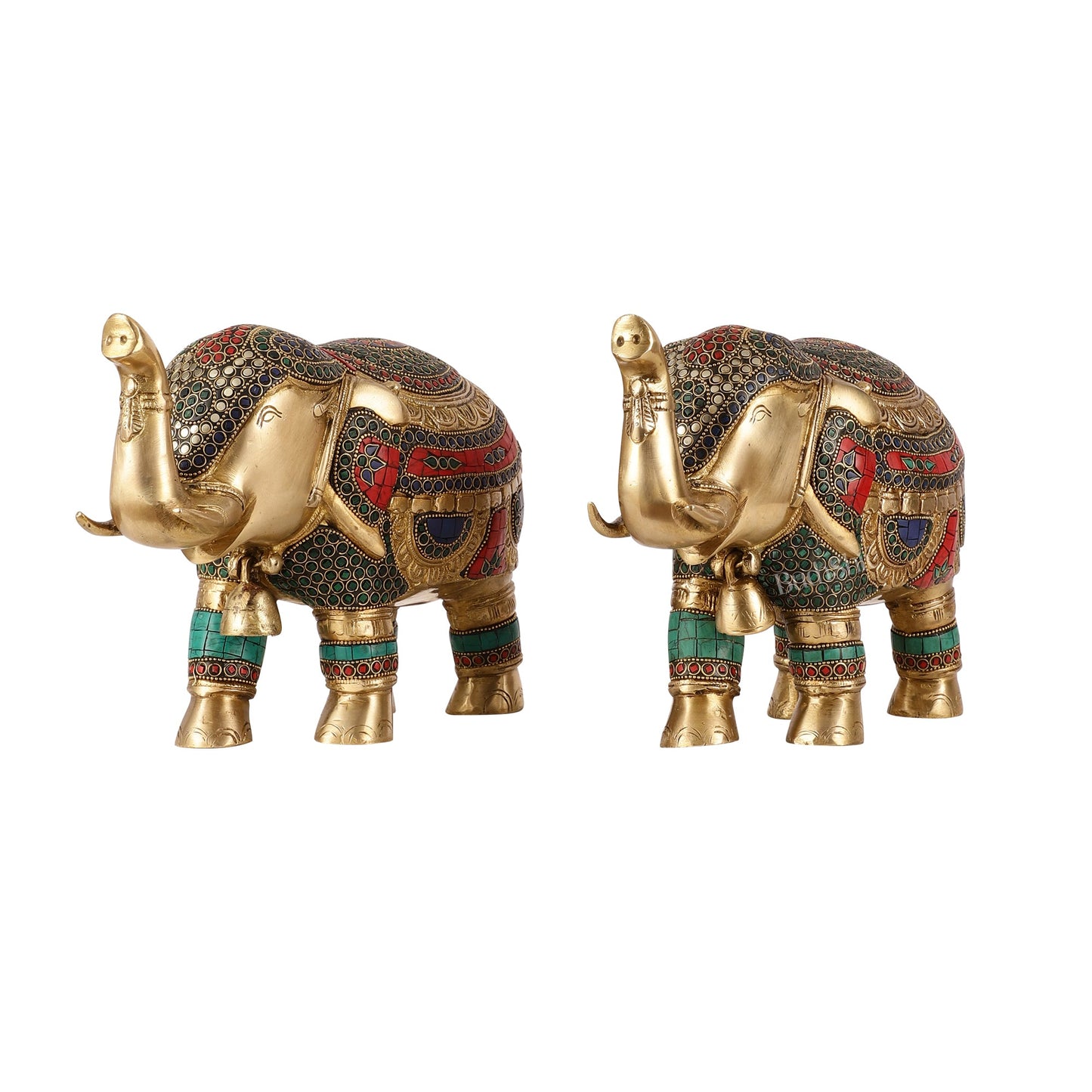 Brass Elephant Statue pair with Stonework Showpieces - 12 Inch wide - Budhshiv.com