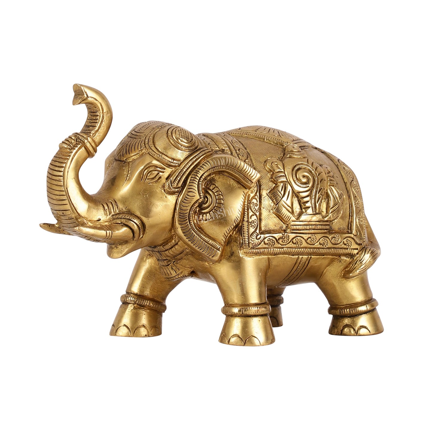 Brass Elephant Statues with Shankh and Chakra Engravings | 7.5" - Budhshiv.com