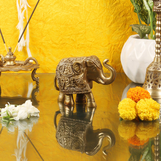 Brass Engraved Elephant Statue table accent 5" - Budhshiv.com
