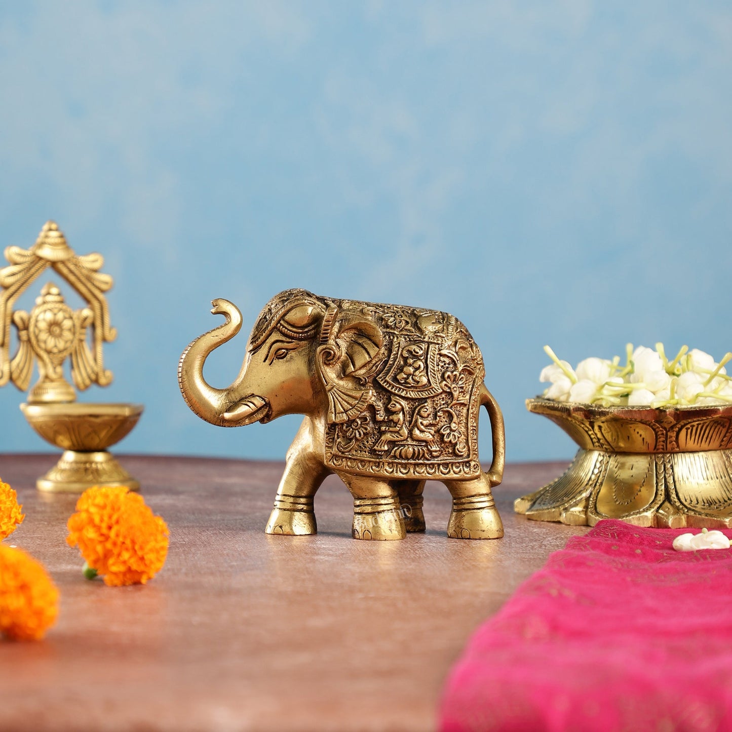 Brass Engraved Elephant Statue table accent 5" - Budhshiv.com