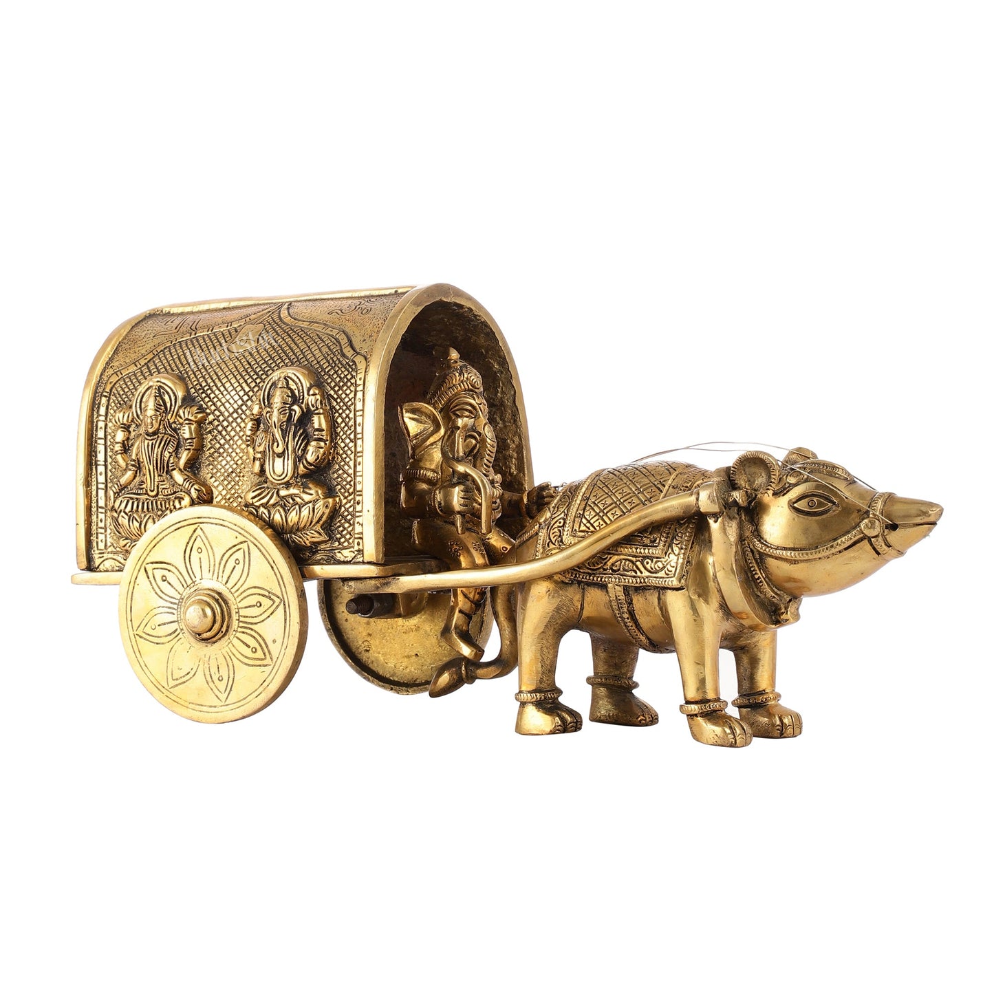 Brass Ganapati on Mooshak Rath idol with Modak Bowl | Engraved Cart with Ganesha and Lakshmi | length 13 inch - Budhshiv.com