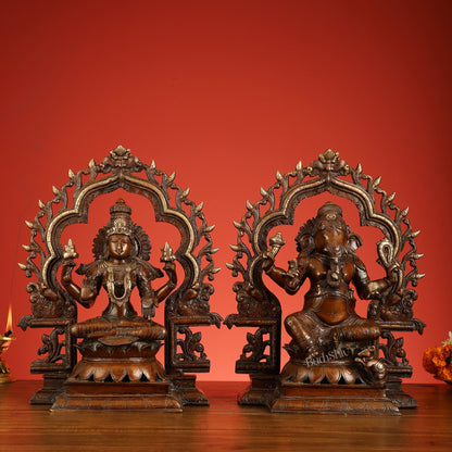 Brass Ganesh Lakshmi Large Idols - Antique Bronze Finish - 16 Inch - Budhshiv.com