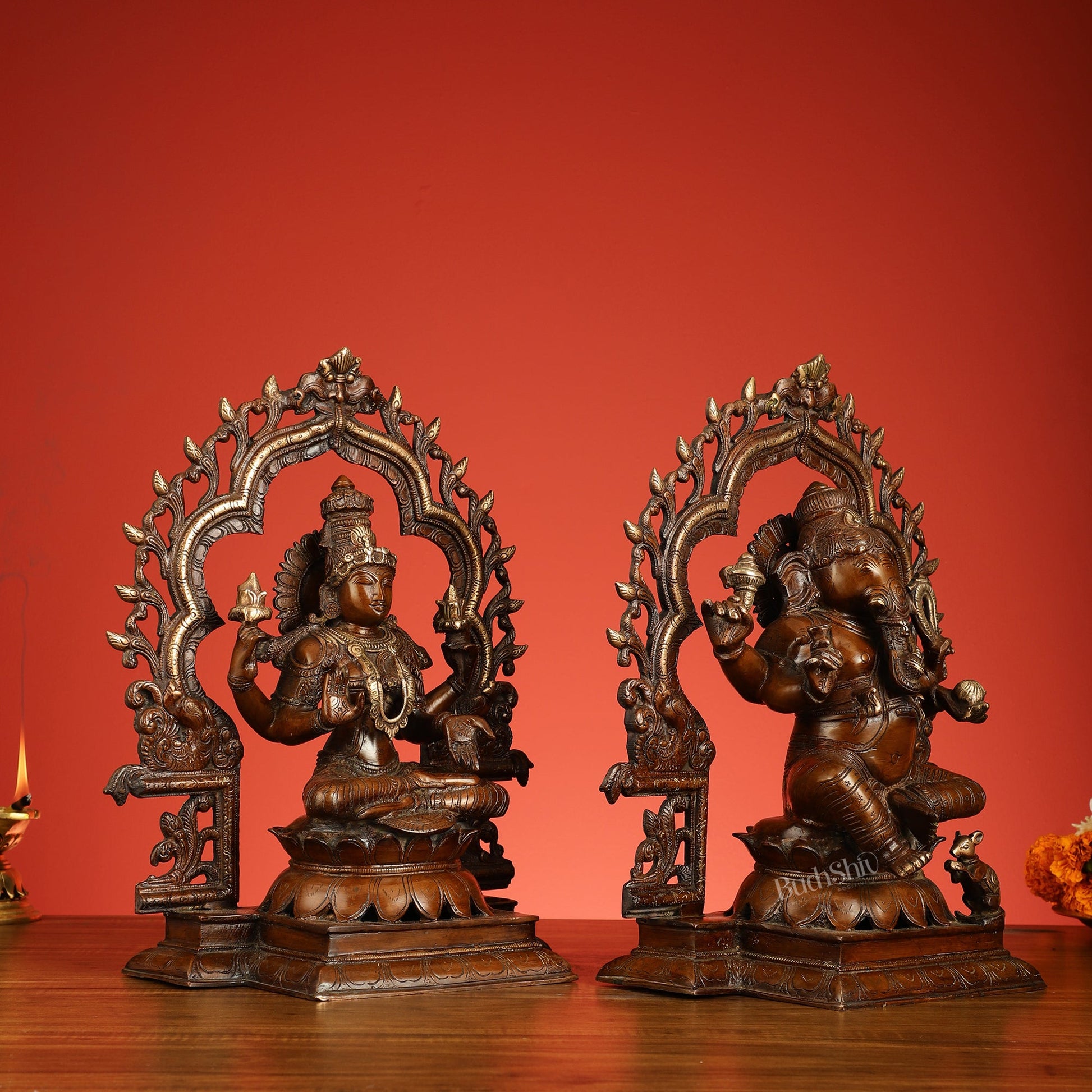 Brass Ganesh Lakshmi Large Idols - Antique Bronze Finish - 16 Inch - Budhshiv.com