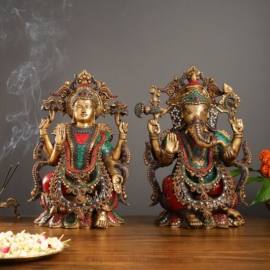 Brass Ganesha and Lakshmi Idols 16" - Budhshiv.com