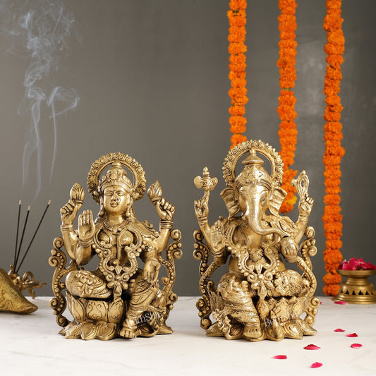Brass Ganesha and Lakshmi Pair on Lotus | 12" Height | Divine Harmony - Budhshiv.com