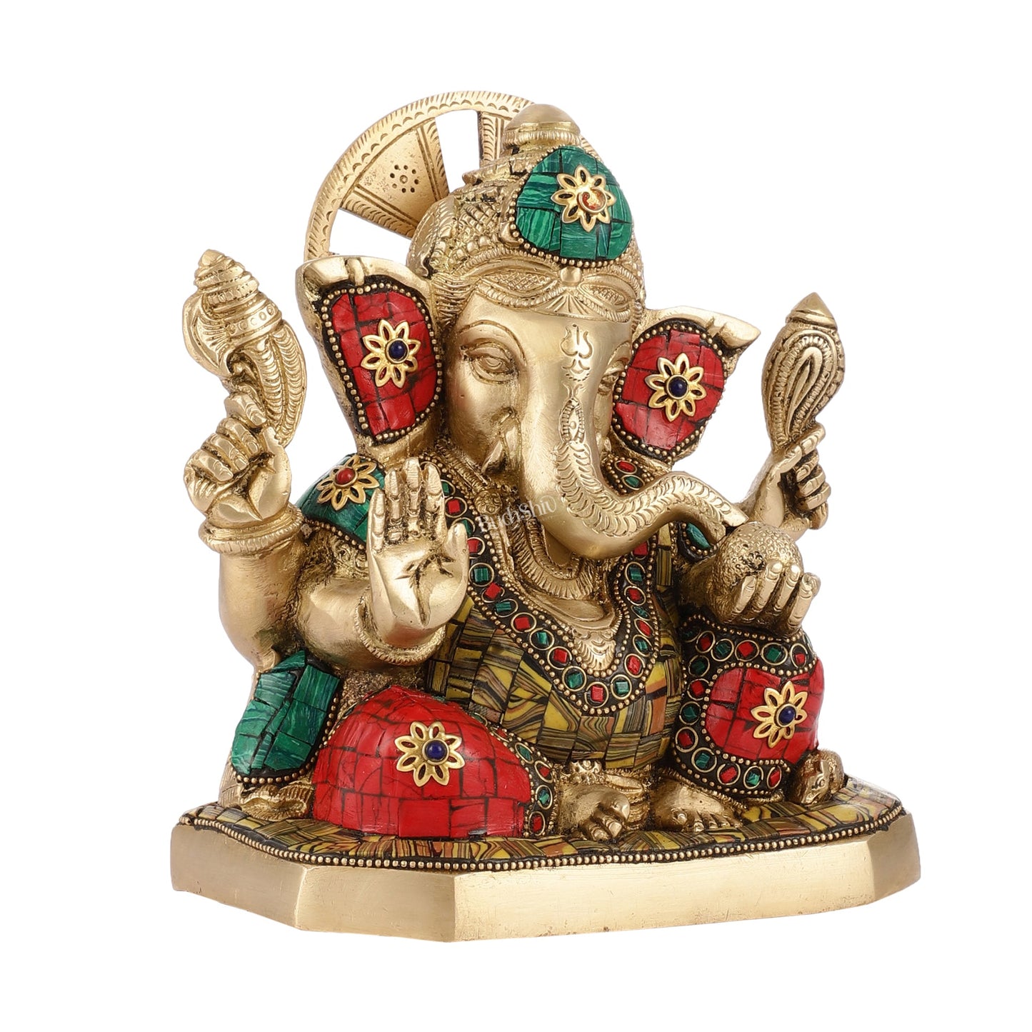 Brass Ganesha Idol with Stonework | Height 8 inch - Budhshiv.com