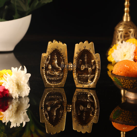 Brass Ganesha Lakshmi engraved on Foldable Namaste palm 3" - Budhshiv.com