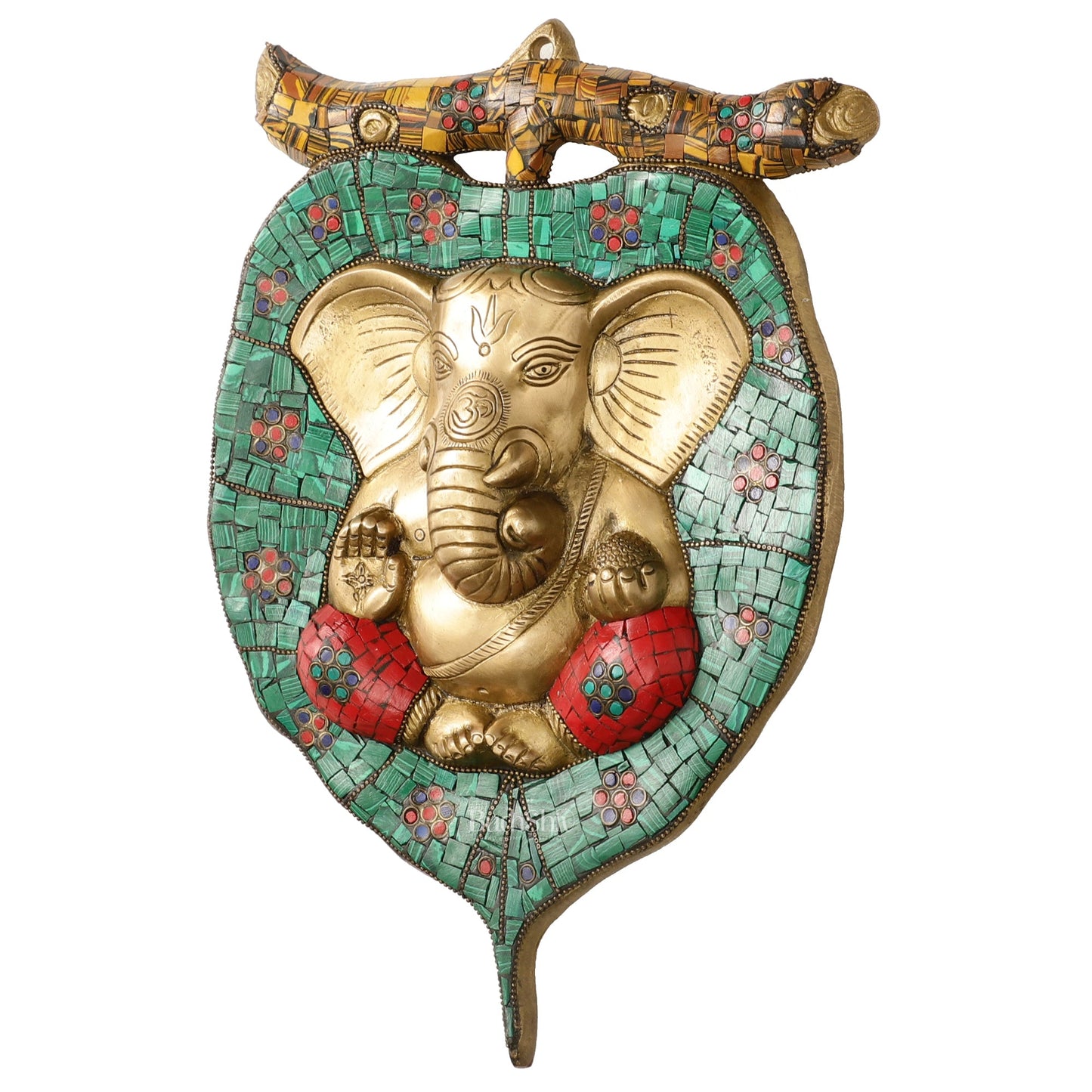 Brass Ganesha on Leaf Wall Hanging with Stonework - 13 x 9 inch - Budhshiv.com