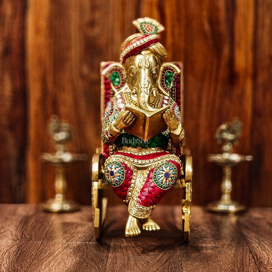 Brass Ganesha on Rocking Chair 17" - Budhshiv.com