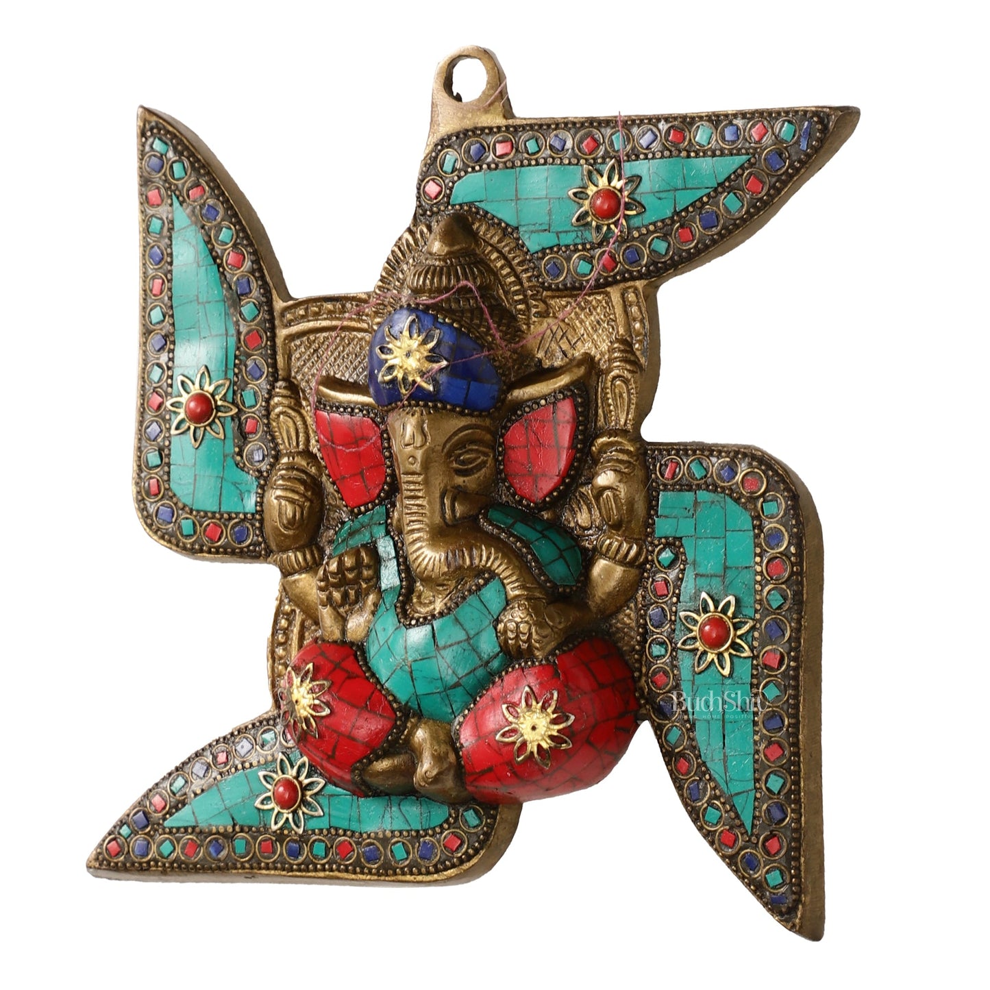 Brass Ganesha Wall Hanging on Swastik - 7 x 7 inch - Budhshiv.com