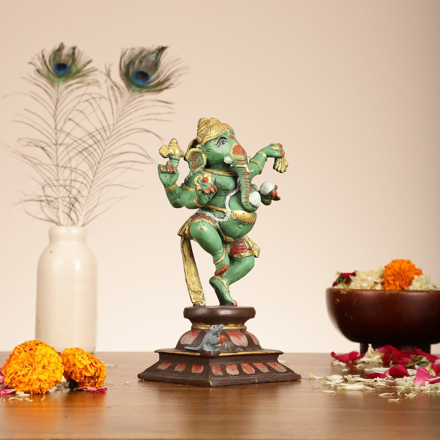 Brass Hand-Painted Dancing Ganesha Statue - 10 Inch - Budhshiv.com
