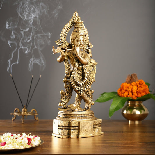 Brass Handcrafted Fine Quality Krishna Playing the Flute with Peacocks | Height 19 inch - Budhshiv.com