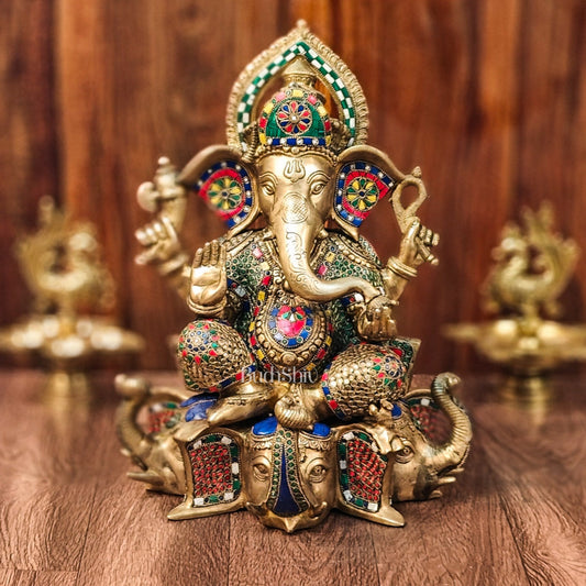 Brass Handcrafted Ganapathi Statue Seated on Three Elephant Heads 17" - Budhshiv.com