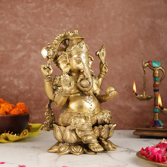 Brass Handcrafted Ganesha idol with trunk on right side 12 inch - Budhshiv.com