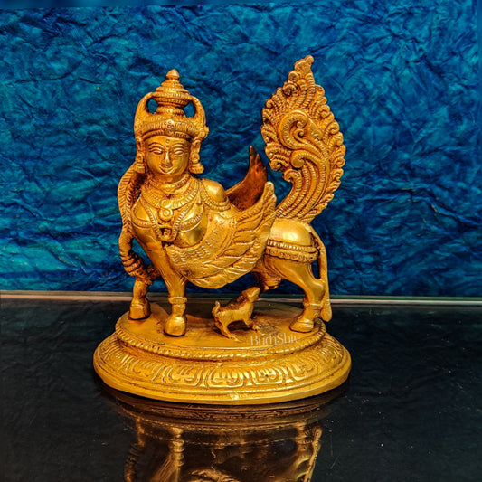Brass Handcrafted Kamdhenu Cow with Calf Idol - Gold Finish, Divine Symbol of Abundance - Budhshiv.com
