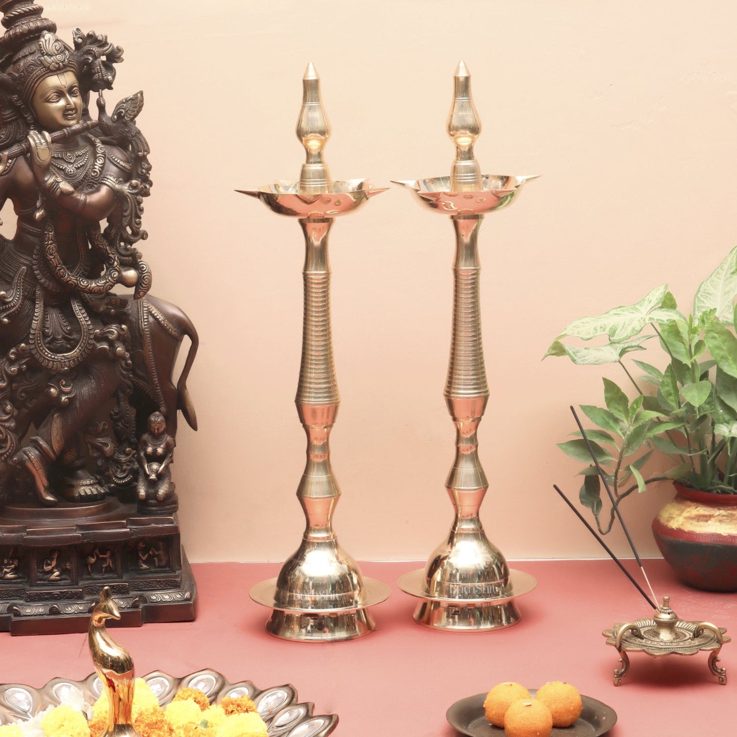 Brass Handcrafted Kerala Kuthu Vilakku with Beautiful Carvings | Fine Quality Brass Sheet | 24" Height - Budhshiv.com