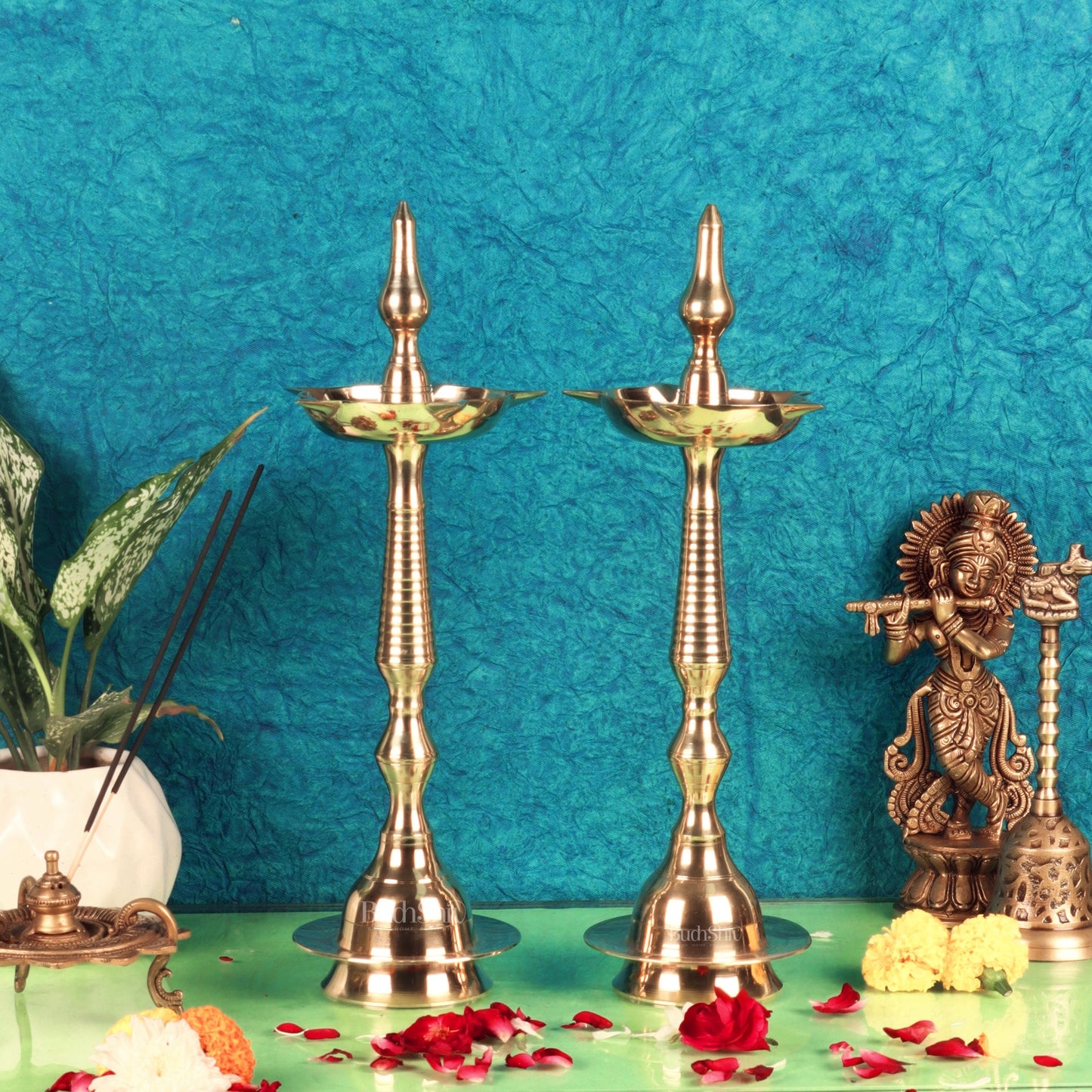 Brass Handcrafted Kerala Kuthu Vilakku with Carvings | Fine Quality Brass | 15.5" Height | Set of 2 - Budhshiv.com