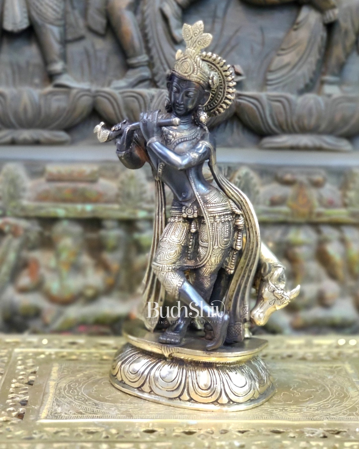 Brass Handcrafted Krishna Playing Flute with Cow Statue - 14 inch - Budhshiv.com
