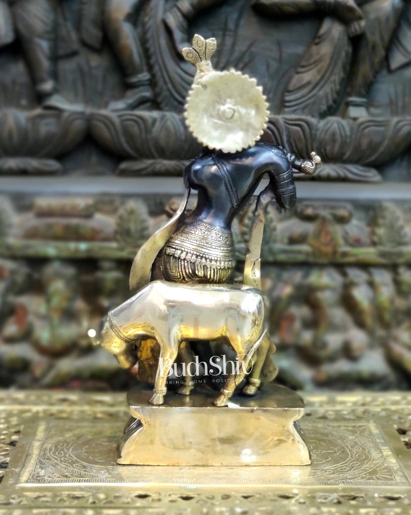 Brass Handcrafted Krishna Playing Flute with Cow Statue - 14 inch - Budhshiv.com