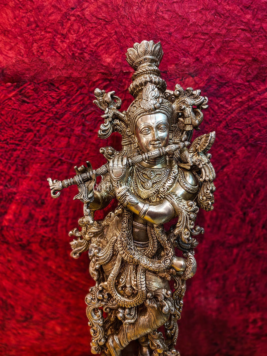 Brass Handcrafted Krishna Playing the Flute - Divine Melodic Splendor Glossy Gold 29" - Budhshiv.com