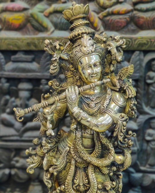 Brass Handcrafted Krishna Playing the Flute - Melodious Divine Expression 30 " - Budhshiv.com