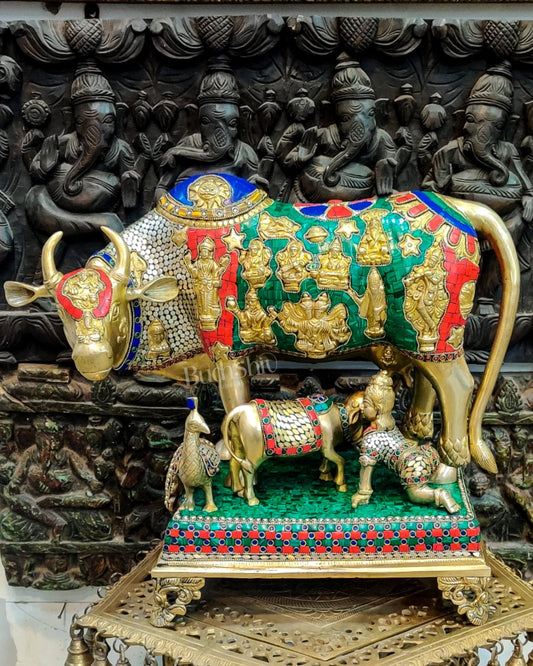 Brass Handcrafted Large-Sized Cow with Calf Engraved with Hindu Deities 20" - Budhshiv.com